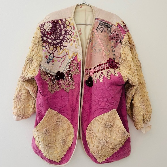 Vintage Patchwork Jacket coat cardigan crochet boho Embroidered oversized - Picture 7 of 11